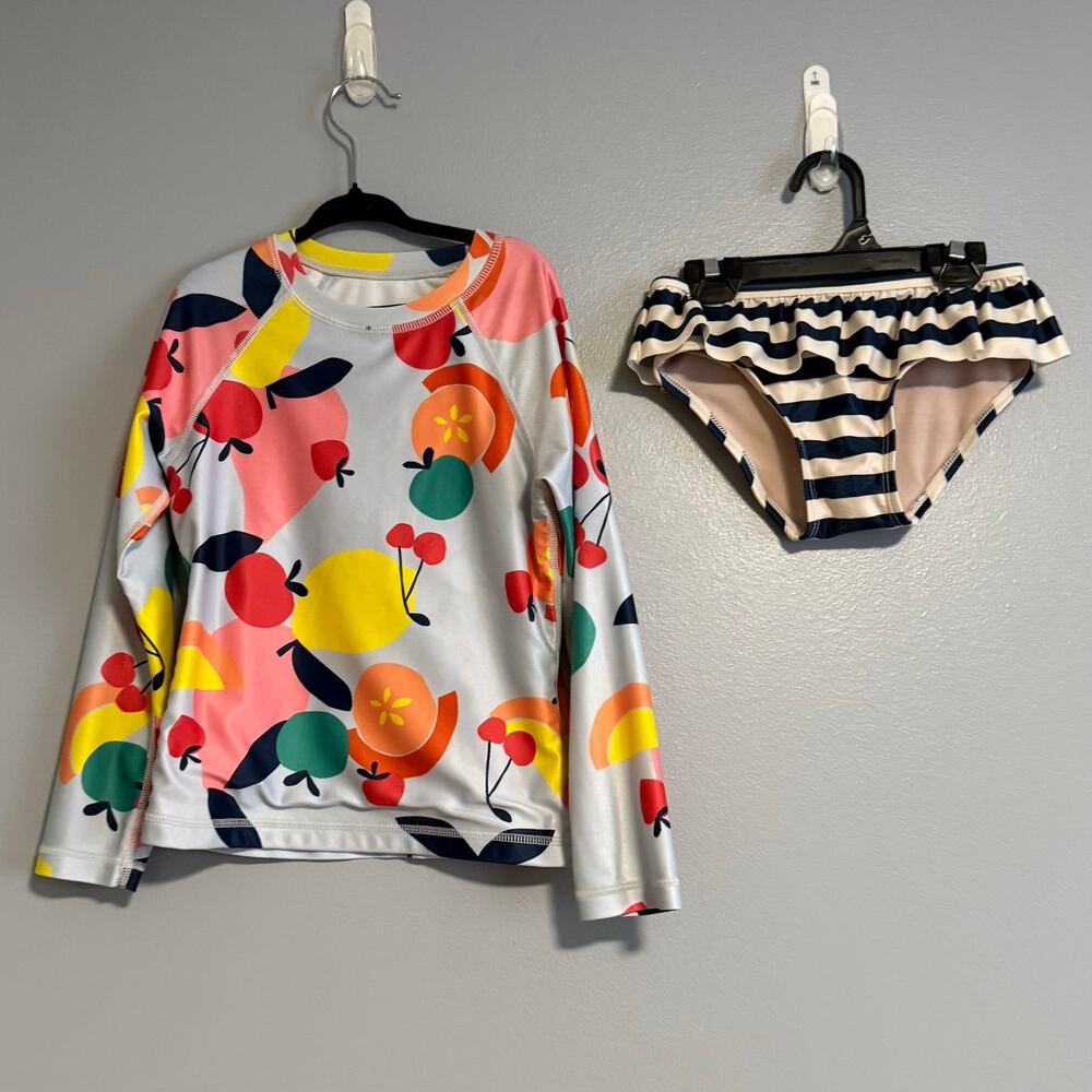 Tea Collection Fruit & Striped Two Piece Swimsuit 5 Rashguard and Ruffle Bottoms